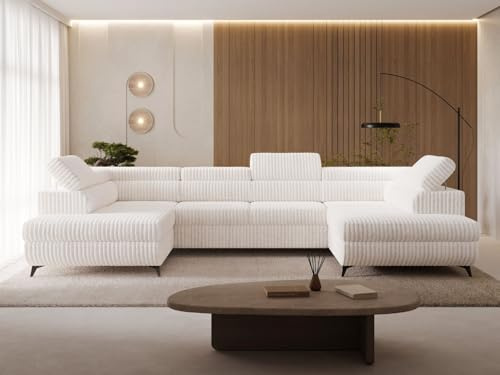GRAINGOLD Argon U Ecksofa mit Schlaffunktion & Bettkasten 322x190 cm, U-Form Sofa mit Stauraum, Schlafcouch für Wohnzimmer, Cord-Stoff, 5-Sitzer Wohnlandschaft, Modernes Design (Tilia, Creme)