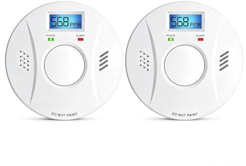 2 Packs Smoke & Carbon Monoxide Alarm, Replaceable Battery, LCD Digital Display, 85dB Loud Siren, Hush & Self-Test, Dual Sensor Fire CO Detector for Home, Bedroom, Garage, Office