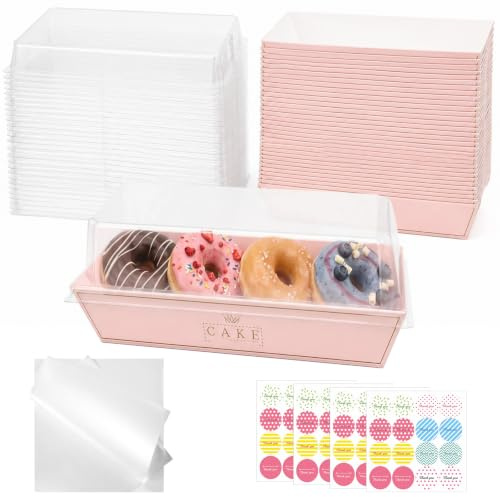CoKeeSun 50 Pack Paper Charcuterie Boxes with Clear Lids,17x7x6cm (Pink) | Reusable Cake Containers, with Baking Paper & Sticker, Rectangle To Go Box for Sandwiches Sushi Snack Cookie Dessert Pastry
