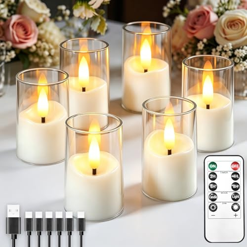 6 Pack Small Rechargeable Acrylic Flameless Candles with Remote Timer | 4 x 6.5cm LED Tea Light Flickering Votive Mini Candles Battery Operated for Home Table Halloween Party Wedding Decor