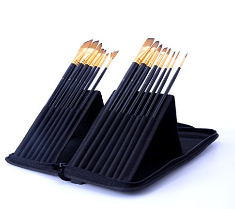 Exerz JH025 Artist Set de Pinceles – 15 Pinceles Profesionales en un Estuche Desplegable Usar con Acuarelas/Acrílico/Oleo/Pintura Facial