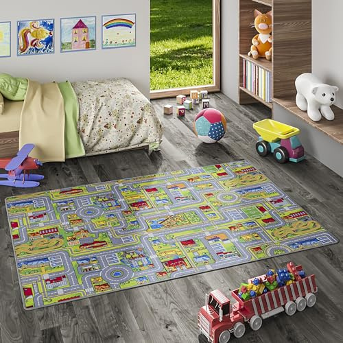 Snapstyle Abenteuerland Bunt Kinder Straßenteppich Spielteppich – Teppich Kinderzimmer Straßen Design, pflegeleicht