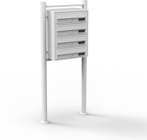 Wiltec 4er Briefkastenanlage weiß 270 x 513 x 1500 mm, Standbriefkasten mit 3 Fächern, Schlüssel und Namensschild, Briefkasten Postkasten mit Ständer