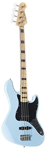 J & D JB Vintage 1975 SKBL Sky Blue 4 Saiter E-Bass mit Single-Coil Pickups, passiver Elektronik, Vintage-Style Hardware