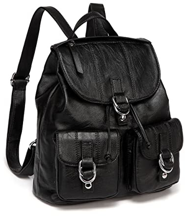 VASCHY Mini Sac à Dos Femme en Simili Cuir PU, Style Urbain, Cordon de Serrage avec Rabat, Multi-Poches, Déperlant Noir