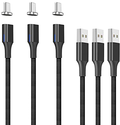 NetDot Gen10 USB-C Nylon-geflochtenes magnetisches Schnellladekabel mit seitlicher LED kompatibel mit Typ-C-Gerät (2m/3 Packung schwarz)