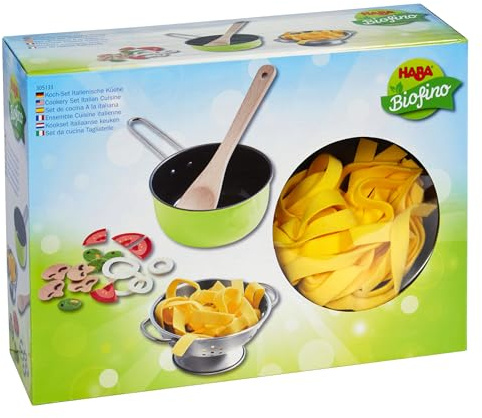 HABA 305133 - Koch-Set Italienische Küche, Zubehör für die Kinderküche, mit Kochtopf und vielen Spiellebensmitteln, Kleinkindspielzeug ab 3 Jahren, perfekt für Rollenspiele