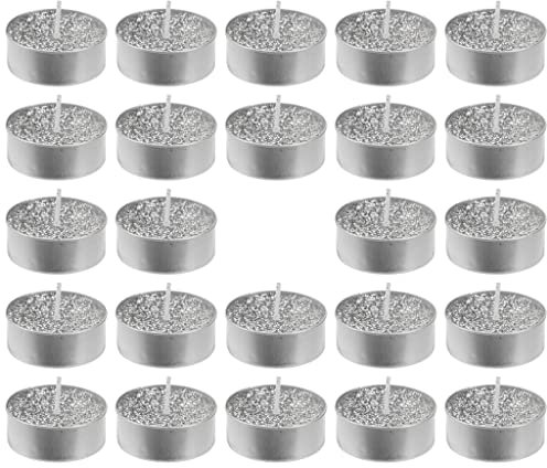 MIK funshopping Lot de 24 bougies chauffe-plat magiques à paillettes, atmosphère magique pour Noël, les occasions festives, inodores, sans suie, durée de combustion durable, Ø 4 x 1,5 cm, argentées