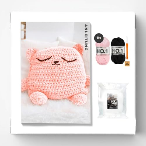 myboshi Häkelset Kuscheltier Obu für Anfänger, inkl. No.1 Wolle, Nadel, Füllwatte und Anleitung, Häkelpaket, Amigurumi-Kissen, 30% Merinowolle Rosa mit Häkelnadel