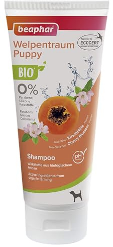 beaphar 17739 Bio Shampoo Welpentraum für Hundewelpen, angereichert mit Kirschblüten und Papaya aus biologischem Anbau, 200 ml, Weiß