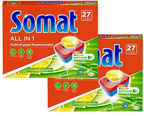 Somat 7 All in 1 Zitrone & Limette Multi Aktiv, Spülmaschinen-Tabs, Jahresvorrat, 54 (2 x 27) Tabs, kraftvolle Reinigung mit Geruchsneutralisierer Funktion
