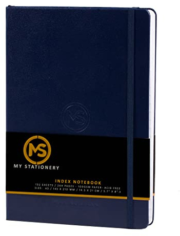 Notizbuch, Notizblock, A5, fester Einband, Kunstledereinband, 8 mm, liniert, mit A-Z, 264 Seiten, 100 g/m², weißes Papier, marineblauer Einband