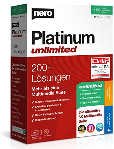 Nero Platinum Unlimited | Retailbox mit CD | Videobearbeitung | Medien verwalten & abspielen | Künstliche Intelligenz | 8K | Fotos | Musik | PC Tuning | Windows 11 / 10 / 8 / 7
