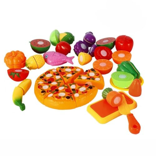 24 PIEZAS Juego de Comida Set Juguetes de Cocina Cortador de Pizza Frutas y Verduras con Conexión de Velcro para Niños, Juguetes Educativos Juegos de Rol Juguetes Pedagógicos Regalo