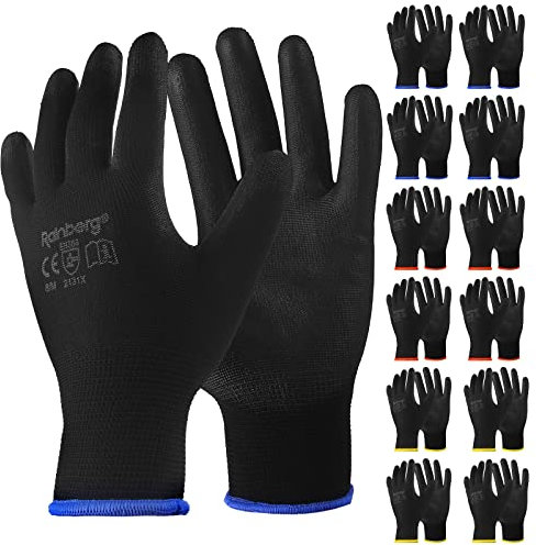 Rainberg Pack of 12 or 24 Safety Gloves, Work Gloves, with Secure Grip on Palm & Fingers, PU and Nylon Non-Slip Gloves, Ideal for General Duty Work, Gardening. (Pack of 12 Pair's, Large)