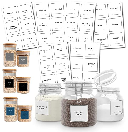 QuoteMyWall Pantry Labels Stickers for Kitchen Organisation Vinyl Jar Container Tags for Baking Tea Coffee Pasta Essential Modern Pack (White)