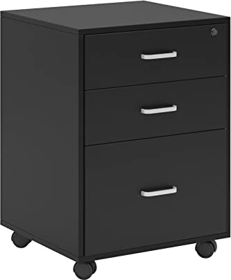 DlandHome - Cajonera de escritorio móvil con 3 cajones, almacenamiento de carpetas de ruleta, archivador y armario con cerradura para casa, oficina, madera, color negro