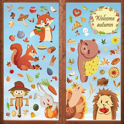 Leonshco 149 Stück Thanksgiving Deko Fensterbilder Selbstklebend, Herbstdeko Ahorn Kastanie Fenstersticker Kinder, Thanksgiving Party Fenster Sticker/Herbst Saisonale Dekoration