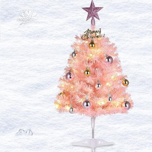 Pequeño Árbol de Navidad Rosa, 60cm Sobremesa Mini Artificial Con Luces LED y Adornos Colgantes, Batería de Escritorio DIY Para Decoraciones Navideñas