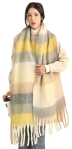 Wambere Damen Schal, Kariert übergroßer Winter SchaltuchKaro Schultertuch Plaid Deckenschal Modeschal Weich Warm Strickschal Oversized Herbstschal Warme Winter Stola mehrfarbig,Gelbgrau