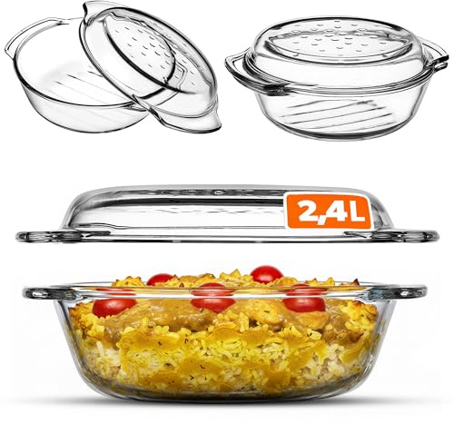 KADAX glasgryta, bakfat med lock av värmebeständigt glas, brandsäker behållare för lasagne, grönsaksgryta, glasgryta för stekning i ugn (rund – 2,4 l)