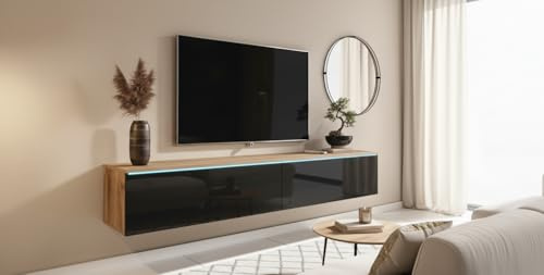 MINIO go for it - TV Schrank Donna Breite 180 cm Lowboard ohne LED | Stehend oder Hängend, Fernsehschrank für das Wohnzimmer, Laminierte Spannplatte, Wotan Eiche / Schwarz Hochglanz