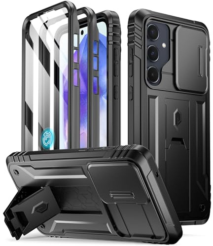 Poetic Revolution Étui de Protection pour Samsung Galaxy A55 5G - Couvercle de caméra Coulissant - Robuste et résistant aux Chocs - avec Support - Noir