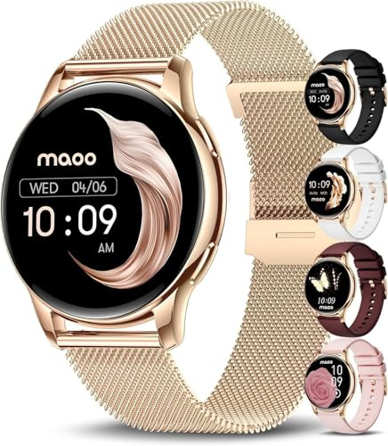 maoo Ventura Smartwatch Damen mit Anruffunktion, 1,32-Zoll-AMOLED-Display, Herzfrequenzmesser, SPO₂, Blutdruckmesser, 100+ Sportmodi, IP67 wasserdicht, inklusive 5 Armbänder (Roségold)