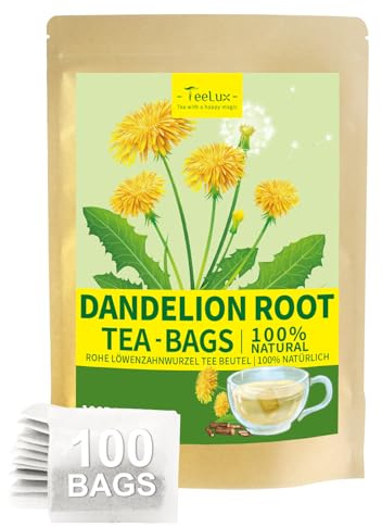 TeeLux - 100 bolsas de té de raíz de diente de león, raíz de diente de león crudo de, té de hierbas sin cafeína, bolsas compostables
