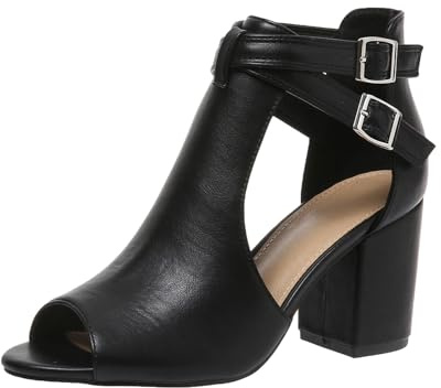Peep Toe Heeled Sandals for Women Open Toe Side Cutout Chunky Heels Adjustable Ankle Buckle Summer Booties US5-11, black, 7