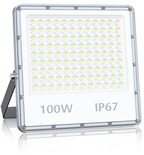 YIQIBRO LED Security Lighting Floodlight 100W - 10000LM IP67 Waterproof Outdoor Flood Lights Mains Powered, 7000K Cold White Outside Lights Mains Powered for Garden, Patio, Yard(1 Pack)