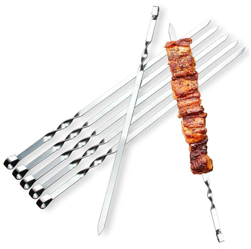 Kinwodon 6 Pcs Flat Wide Stainless Steel BBQ Skewers, 15.7'' Reusable Grilling Skewers Set for Outdoor BBQ Party