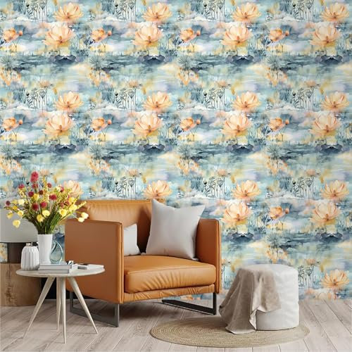 Selbstklebende Tapete Lotus Orange Grün Strukturtapete Wandtattoo Schlafzimmer Tapete Selbstklebend Vliestapete Wallpaper for Living Room Tapeten Leicht zu Entfernen Wandschutzfolie 45x300cm