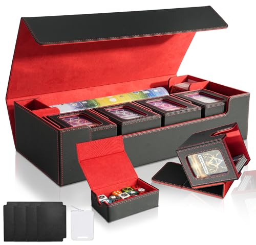 Jaffzora Caja de cartas para MTG Commander, gran 6 en 1 con 5 cajas de mazo TCG y bandeja de dados, capacidad para más de 2400 cartas coleccionables sin funda (juego negro y rojo)