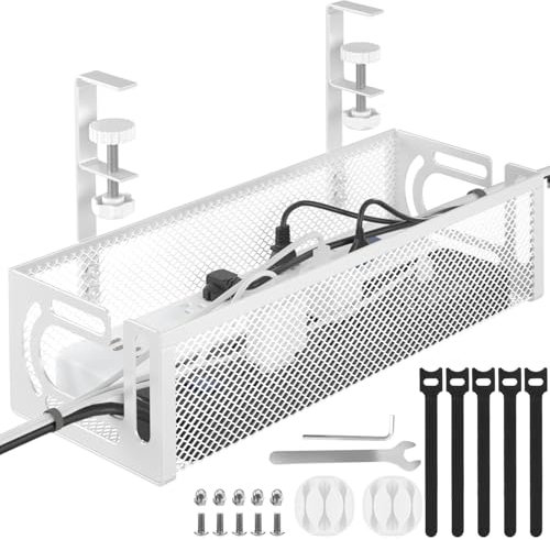 Under Desk Cable Management Tray No Drill, Metal Mesh Cable Management Under Desk with Clamp Mount, Wire Management Tray, Cord Organizer for Home Office, White