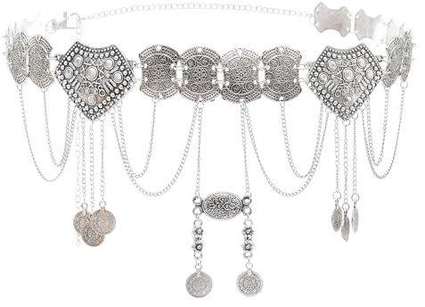 Pandalein Damen Gürtel Mode Taillengürtel Metall Kettengürtel Fransen Bauchtanz Gürtel Münzgürtel Verstellbare Hüftkette Taillenkette für Kleider