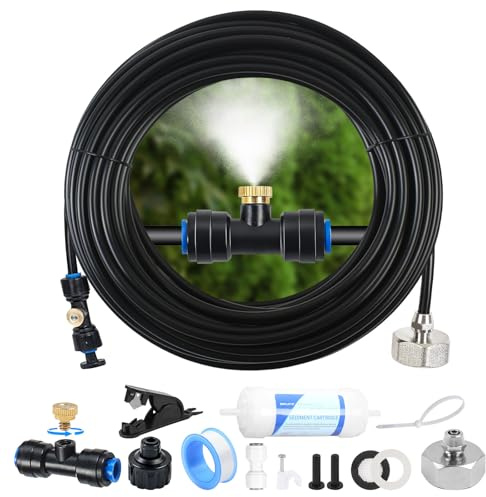Gemsaya Sistema de riego por pulverización, 10 m con manguera y 18 boquillas metálicas, humidificador para la refrigeración de terrazas, jardín, césped, invernadero, cenador