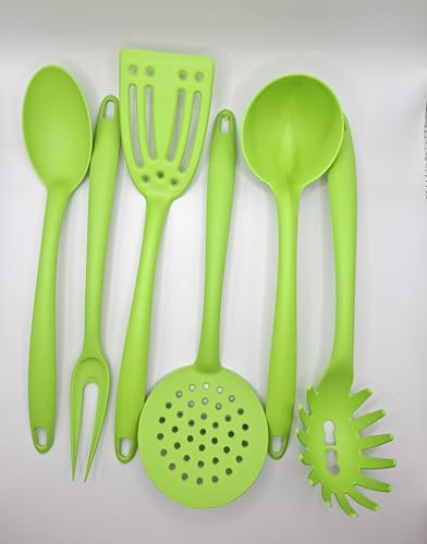 6-teiliges Küchenutensilien-Set aus Nylon - Suppenkelle, Spaghetti-Schöpfer, Skimmer, Servierlöffel, große Gabel, Pfannenwender mit langem Schlitz, spülmaschinenfest, mit praktischer Aufhängeschlaufe