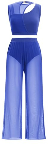 FYMNSI Costume de danse lyrique pour femme - Moderne - Contemporain - Tenue de danse - Tenue de ballet - Sans manches - Haut à jambes larges - Pantalon, bleu roi, S