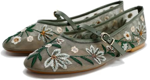 Ballerinas aus Netzstoff für Damen, Bestickt, Blumenmuster, Mary Jane, Flache Flache Schuhe, runde Zehenpartie, Slipper, Bequeme Freizeitkleidung, Flache Schuhe, Grün, 39 EU