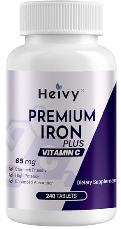 Heivy Ferrous Sulfate 325mg, Iron 65mg, Iron with Vitamin C – High Potency Iron Supplement for Women & Men – Premium Pure Ingredients, Gentle on Stomach, 240 Tablets, Made in USA