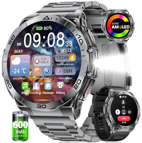 Montre Connectée Homme avec 1,6'' HD AMOLED Écran/LED Lampe/600mAh Batterie, Smartwatch Homme avec Appel Bluetooth, 100+ Modes Sportifs,Cardiofrequencemetre Sommeil,Etanche IP68 pour Android/iOS,Noir
