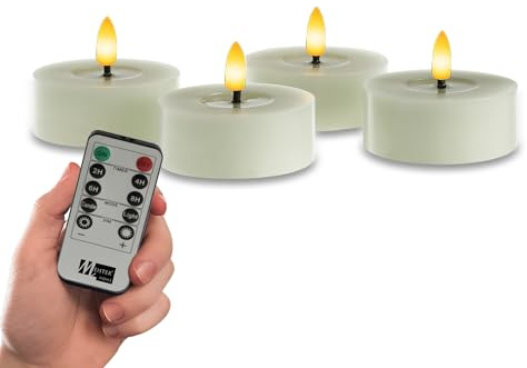 Meisterhome® LED-Teelichter 4er-Set Kerzen Sage – flammenlos mit flackerndem Licht – Ø 7 cm, Höhe 3 cm – aus echtem Wachs – mit Timer & Fernbedienung – batteriebetrieben – warmweißes Licht