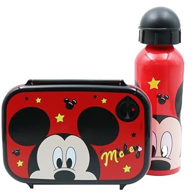 Diakakis Mickey Mouse - Juego de lonchera para niños, caja de sándwich y botella de agua de aluminio, 500 ml, juego de comida para el almuerzo escolar, viajes, sin BPA