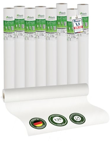 Veluxis® Vlies mural Premium – toile lisse recouvrable, anti-fissures et stable, idéale comme sous-couche avant peinture (lot de 8 rouleaux blancs, 25,00 m x 0,75 m – 130 g/m²)