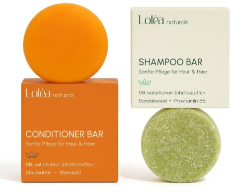 Festes Shampoo Sandelholz und Feste Spülung Pfirsich im Set – Natürliches Haarpflege Duo ohne Plastik, Silikone und Parabene – Feuchtigkeitsspendend und Pflegend für Damen und Herren – Lotea Naturals