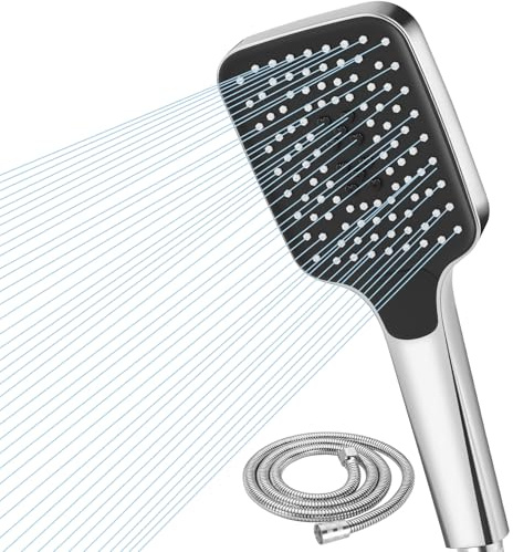 Soffione doccia a risparmio idrico ad alta pressione con tubo da 2 m, 5 tipi di getto, soffione doccia quadrato universale, soffione doccia per il bagno