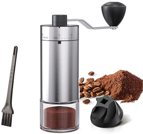 KharWette Macinacaffè portatile a forma conica per espresso e francese, con doppio cuscinetto, capacità di regolazione interna, 25 g (argento e ceramica)