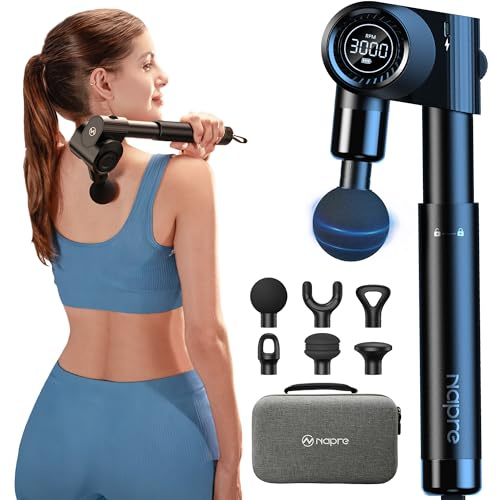 NAPRE Foldable Massage Gun with Extension Handle & 5 Adjustable Angles,Deep Tissue Back Massage for Neck/Body Pain Relief,Handheld Percussion Muscle Massager,32 Speeds,6 Heads & Silent,with Case