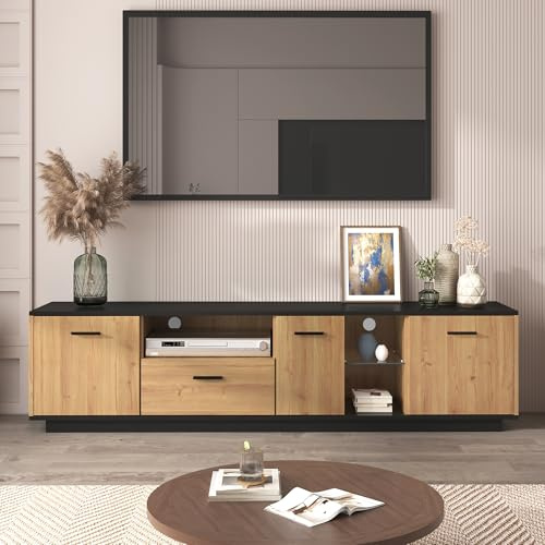 Raeln Meuble TV Noir 180 cm avec éclairage LED, Meuble Tele à 3 Portes et 1 tiroir avec étagère en Verre, Support TV pour Meuble de Salon et Buffet Salon Chambre séjour